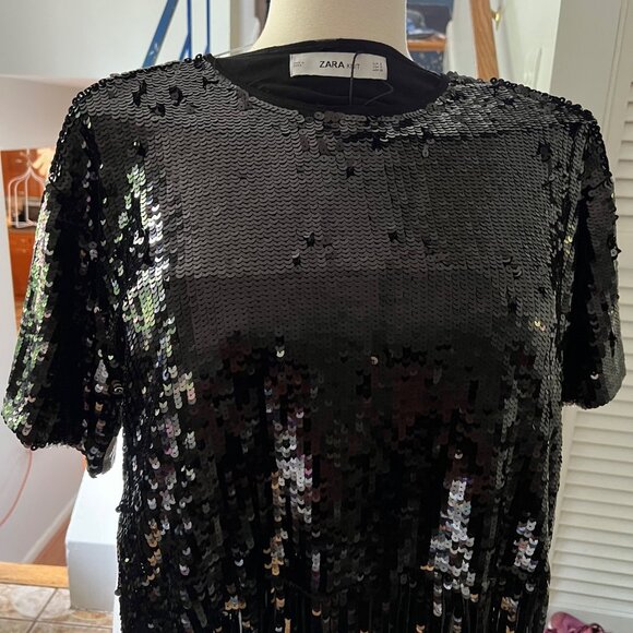Zara Knit Size S Black Round Neck Short Sleeve Sequin Fringe Hem Top NWT - Picture 5 of 16